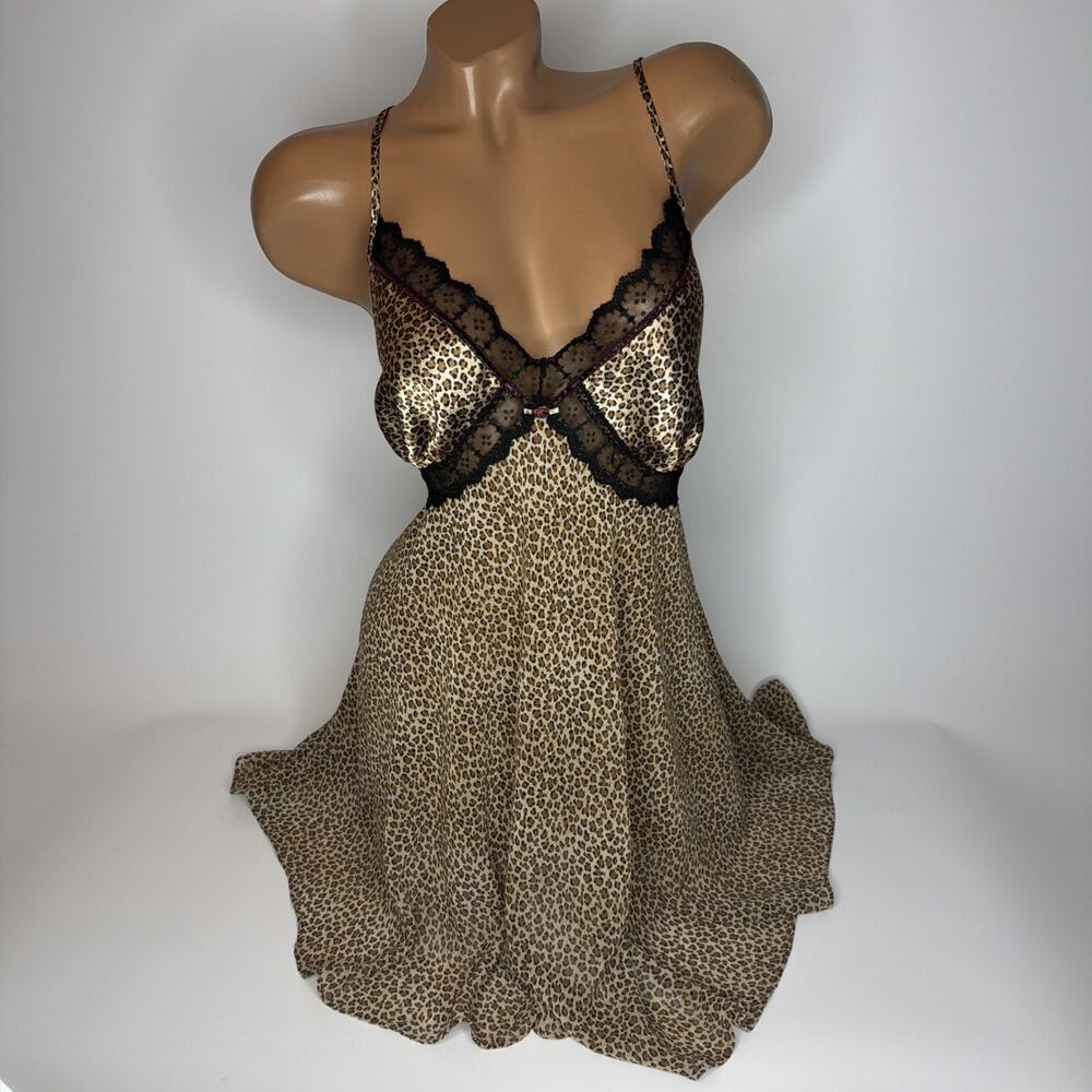Vintage 80s Lingerie Slip Dress Womens M Leopard Print Lace Satin Coquette Fairy